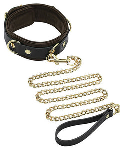Bondage Blindfolds & Restraints - Spartacus Collar & Leash - Brown Leather W-gold Accent Hardware