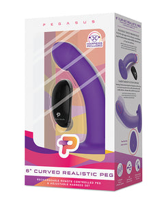 Strap Ons - Pegasus 6" Rechargeable Curved Peg W-adjustable Harness & Remote Set - Purple