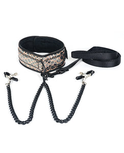 Bondage Blindfolds & Restraints - Spartacus Faux Leather Collar & Leash W/black Nipple Clamps