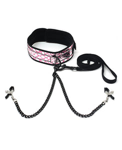 Bondage Blindfolds & Restraints - Spartacus Faux Leather Collar & Leash W/black Nipple Clamps